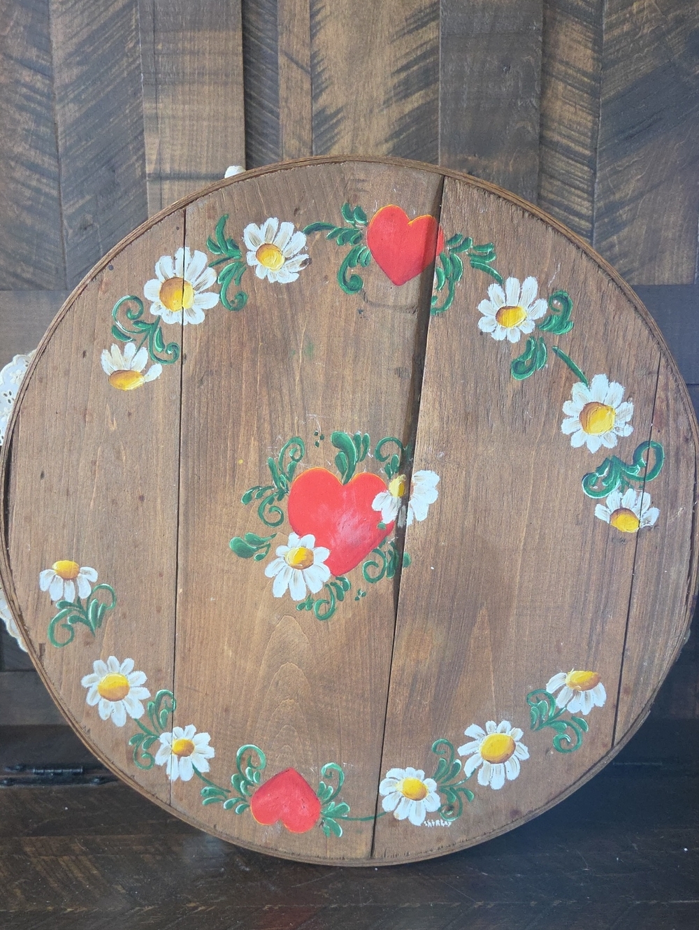 Vintage Hand-Painted Red Heart & White Daisy Lined Cheese Box